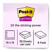 Pack of 5 Post-it 100 Rec Super Sticky Notes 654R-5SSCY 76mm x 76mm Yellow